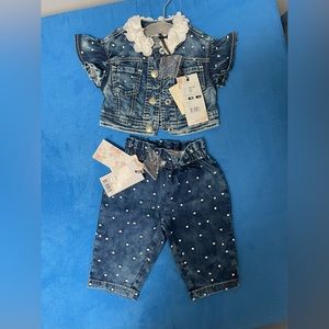 Monnalisa baby girl demin pants and jacket set with stones 9mon